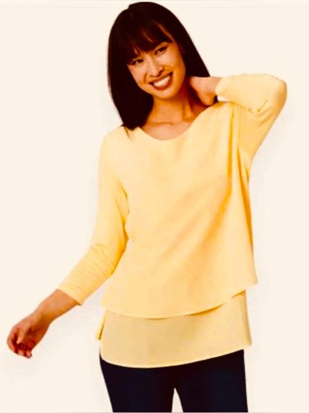 DIANE GILMAN Top 2 Layers Buttercream Yellow Pullover L/S NWT Size L